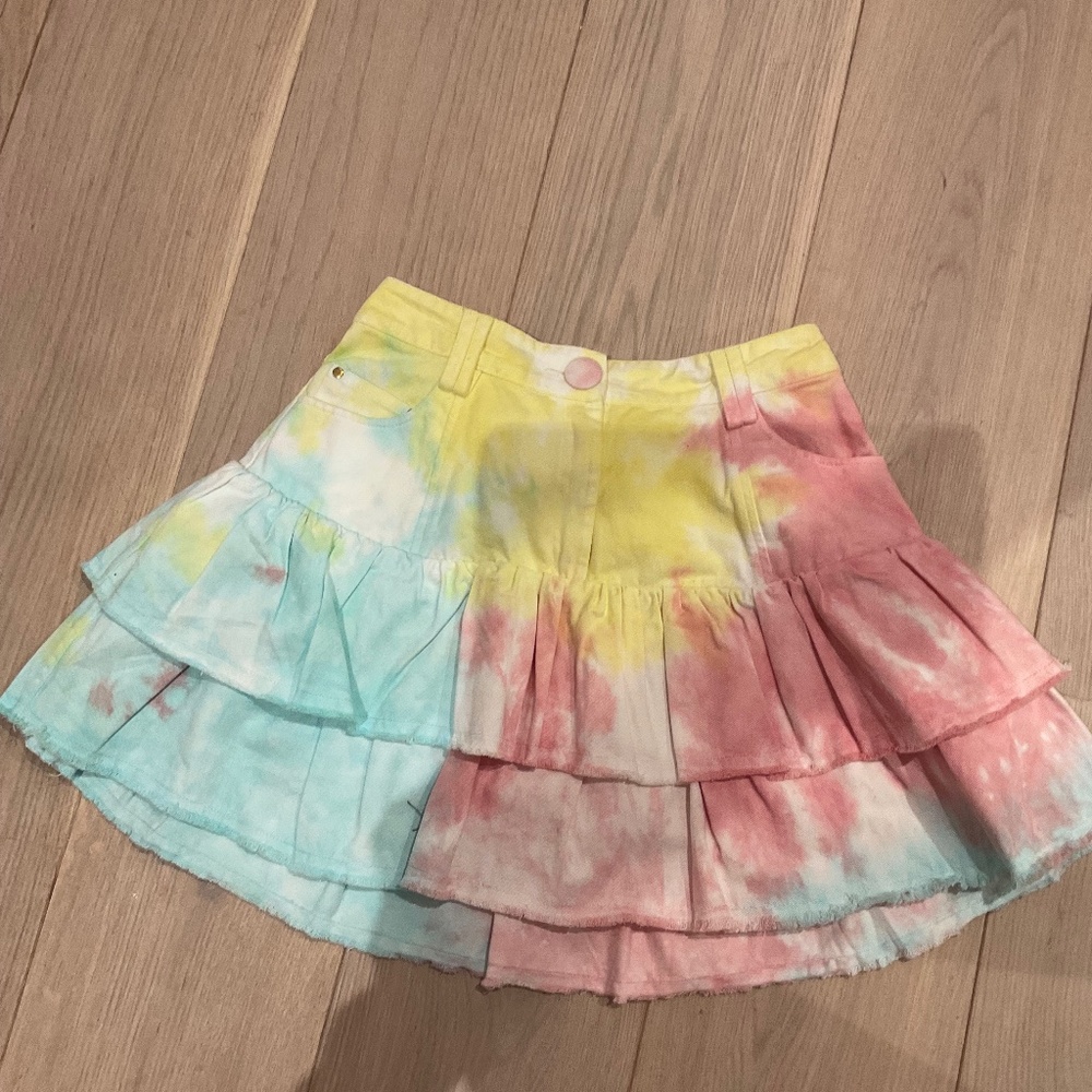 LoveShackFancy denim tie-dye skirt
